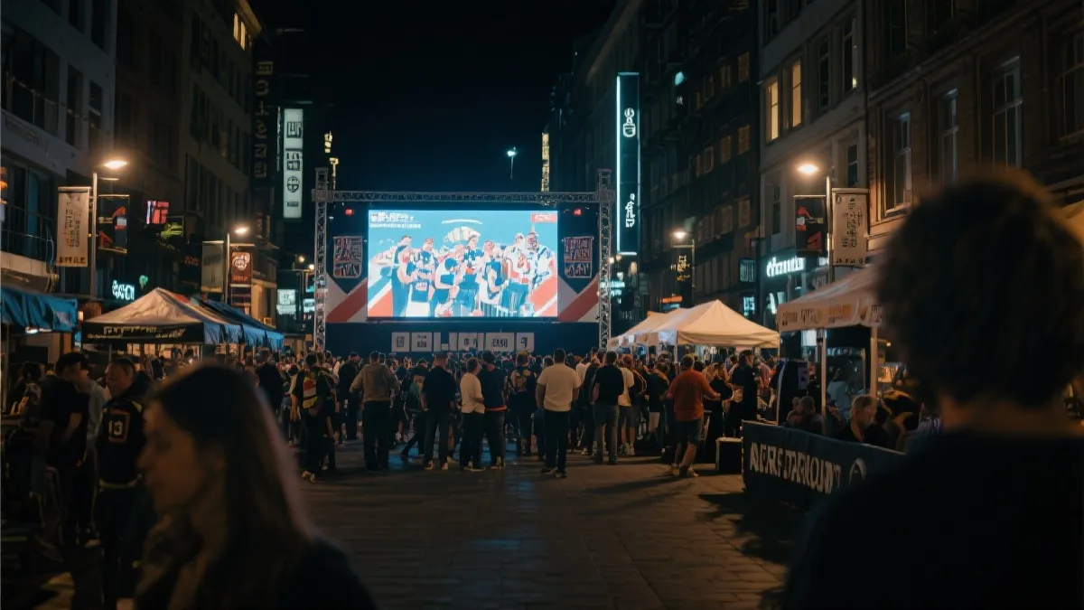 球迷步行街与公共大屏观赛区，夜间城市消费场景